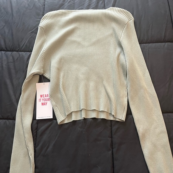 Celebrity Pink Ribbed V-Neck Top in Light Green - Picture 5 of 5